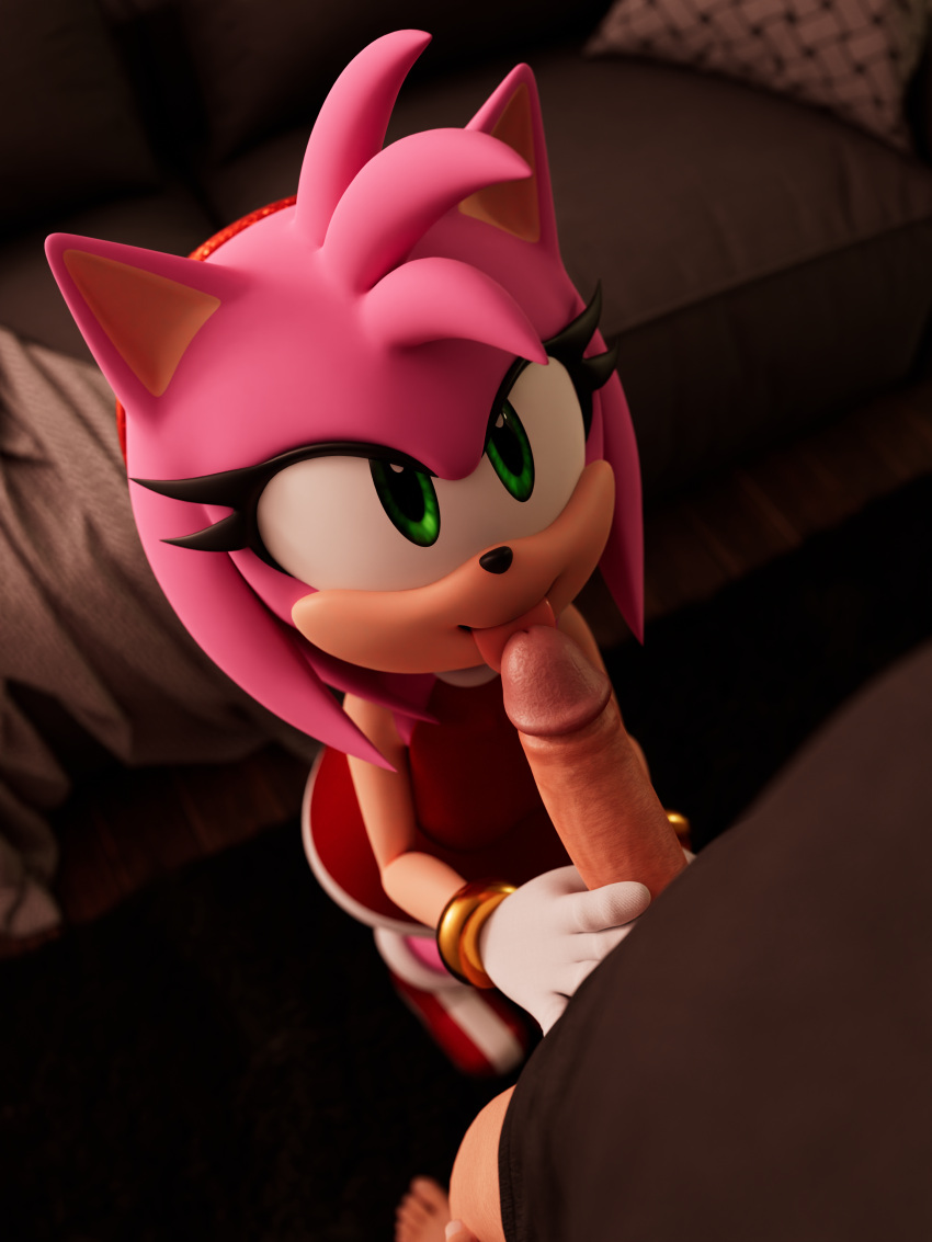 3d_(artwork) absurd_res amy_rose anthro clothed clothing digital_media_(artwork) duo eulipotyphlan fellatio female fur ganondork genitals gloves green_eyes handwear hedgehog hi_res human human_on_anthro interspecies male male/female mammal oral penile penis pink_body pink_fur sega sex smile sonic_the_hedgehog_(series) tongue