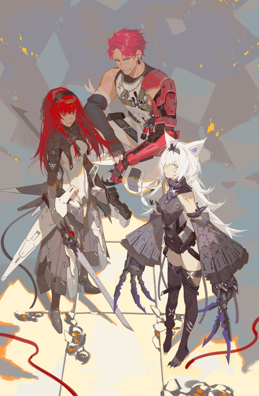 1boy 2girls absurdres animal_ears black_bodysuit black_gloves black_hairband black_sleeves black_thighhighs bodysuit claw_(weapon) cross-shaped_pupils detached_sleeves dog_tags dual_wielding earrings elbow_gloves fake_animal_ears fingerless_gloves gloves hairband highres holding holding_sword holding_weapon jewelry long_hair mechanical_arms multiple_girls no.21:_feral_scent_(punishing:_gray_raven) no.21_(punishing:_gray_raven) noctis_(punishing:_gray_raven) orange_eyes pants punishing:_gray_raven red_eyes red_hair scar scar_on_face shirt short_hair single_mechanical_arm sleeveless sleeveless_shirt sleeves_past_wrists sword symbol-shaped_pupils thighhighs vera:_rozen_(punishing:_gray_raven) vera_(punishing:_gray_raven) weapon white_bodysuit white_hair white_pants white_shirt wolf_ears xe367