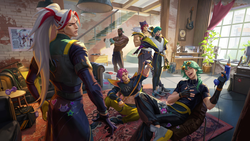 6+boys abs absurdres aphelios black_gloves black_jacket black_pants blue_hair crop_top dark-skinned_male dark_skin eyewear_on_head ezreal fingerless_gloves fur-trimmed_jacket fur_trim gloves green_hair hat heartsteel_(league_of_legends) heartsteel_aphelios heartsteel_ezreal heartsteel_k'sante heartsteel_kayn heartsteel_sett heartsteel_yone heterochromia highres indoors jacket jewelry k'sante_(league_of_legends) k/da_(league_of_legends) kayn_(league_of_legends) large_pectorals league_of_legends long_hair male_focus multicolored_hair multiple_boys muscular muscular_male navel necklace official_alternate_costume official_art one_eye_closed open_clothes open_jacket open_mouth pants pectorals pink_hair ponytail red_hair sett_(league_of_legends) shirt short_hair sitting smile sunglasses tank_top tinted_eyewear topless_male two-tone_hair white_hair white_shirt white_tank_top yellow_pants yone_(league_of_legends)