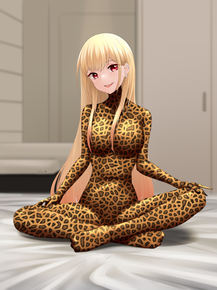 1girl :d absurdres animal_print bed blonde_hair bodysuit breasts commentary_request commission ear_piercing earrings english_commentary full_body hands_on_own_knees highres indian_style j.c.14 jewelry kitagawa_marin leopard_print long_hair looking_at_viewer medium_breasts mixed-language_commentary piercing pixiv_commission red_eyes sitting skin_tight smile solo sono_bisque_doll_wa_koi_wo_suru teeth upper_teeth_only zentai