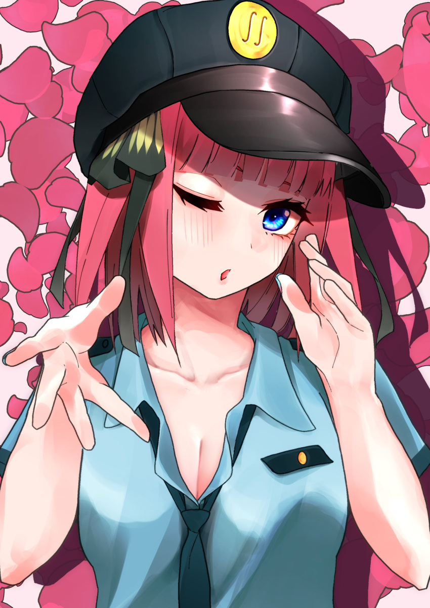 1girl alternate_costume black_headwear black_ribbon blowing_kiss blue_eyes blue_shirt blunt_bangs blush breasts butterfly_hair_ornament cleavage collarbone collared_shirt commentary_request eyebrows_hidden_by_hair eyelashes go-toubun_no_hanayome hair_ornament hair_ribbon hand_up hat head_tilt highres imananashi large_breasts looking_at_viewer medium_hair nakano_nino one_eye_closed open_mouth petals pink_hair police police_hat police_uniform ribbon rose_petals shirt short_sleeves simple_background solo straight_hair uniform upper_body white_background