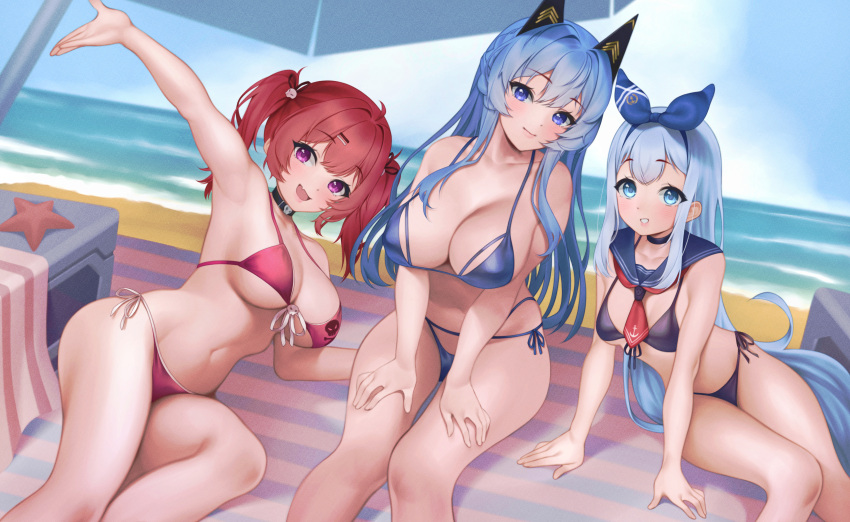 3girls absurdres aegis_(nikke) ahoge anchor_(nikke) arm_support bikini black_hair blue_bikini blue_eyes blue_hair blue_ribbon blue_sailor_collar blue_skirt braid breasts cleavage fang french_braid goddess_of_victory:_nikke graynacht hair_ornament hair_ribbon hands_on_own_thighs helm_(aqua_marine)_(nikke) helm_(nikke) highres large_breasts light_blue_hair long_hair mast_(a_pirate's_heart)_(nikke) mast_(nikke) multicolored_hair multiple_girls ocean open_mouth outdoors pink_eyes pink_hair ribbon sailor_collar sand short_twintails sitting skin_fang skirt skull_choker skull_hair_ornament skull_print sky smile streaked_hair swimsuit twintails