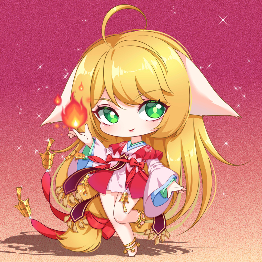 1girl absurdres ahoge animal_ears anklet bell blonde_hair chibi chinese_clothes coat dress ears_down fire fox_ears full_body gradient_background green_eyes hand_up hanfu highres huyao_xiao_hongniang jewelry kumu_zaisheng layered_sleeves leg_up long_hair long_sleeves looking_to_the_side low-tied_long_hair pink_dress pyrokinesis red_background red_coat short_over_long_sleeves short_sleeves solo sparkle standing standing_on_one_leg tushan_honghong very_long_hair wide_sleeves