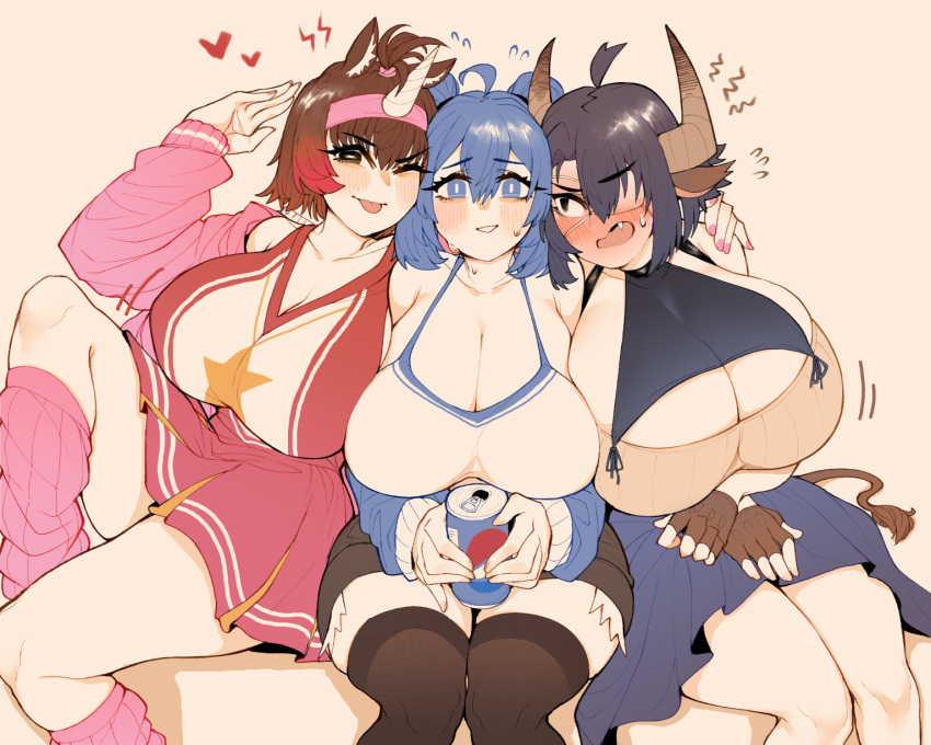 3girls animal_ears bare_shoulders black_eyes black_thighhighs blue_eyes blue_hair borrowed_character breasts brown_gloves brown_hair can cleavage cow_ears cow_girl cow_horns cow_tail embarrassed eyepatch fang fingerless_gloves gigantic_breasts gloves gradient_hair highres horns long_hair long_sleeves looking_at_another looking_at_viewer medical_eyepatch medium_hair multicolored_hair multiple_girls off_shoulder original pepsi pink_hair pink_nails pink_skirt pleated_skirt sachi_(lero_ray) single_horn skirt soda_can sports_bra star_(symbol) star_print tail thighhighs twintails undersized_clothes uni_(oni_unicorn) white_sports_bra