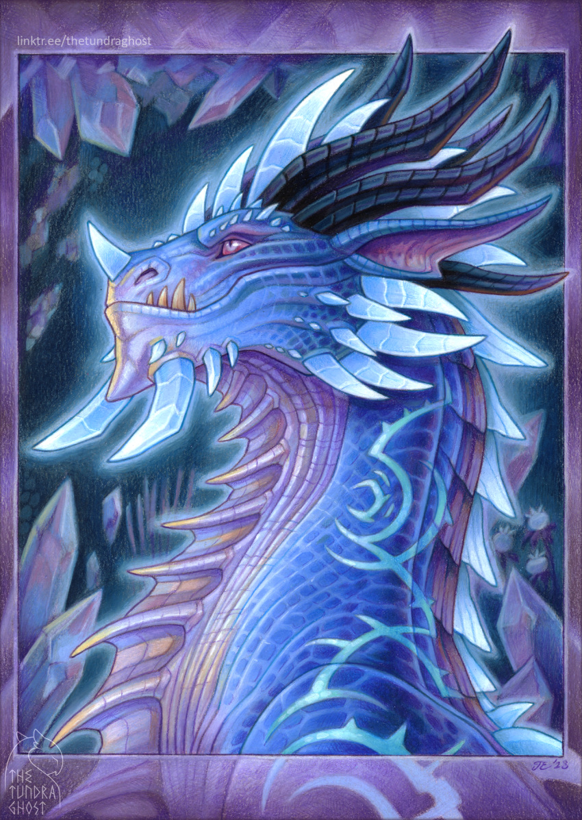 2023 acrylic_painting_(artwork) artist_logo back_spikes black_horn blizzard_entertainment blue_body blue_scales border bust_portrait colored_pencil_(artwork) crystal dated dragon feral flower frill_(anatomy) glowing glowing_body hi_res horn kalecgos logo looking_forward male markings painting_(artwork) pink_eyes plant portrait purple_border scale_markings scales scalie signature solo spikes spikes_(anatomy) text thetundraghost traditional_media_(artwork) url warcraft watercolor_(artwork)