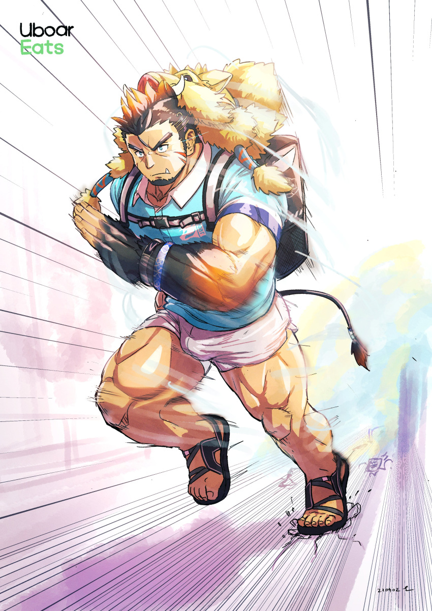 1boy absurdres artist_name bara bear biceps black_hair blonde_hair blue_eyes bulge frown fur_coat gloves gullinbursti_(housamo) highres male_focus manly mature_male multicolored_hair muscular muscular_male running sandals saro_(rotsw_00022) scar shirt shorts signature solo tail thick_arms thick_eyebrows thick_thighs thighs tight_clothes tokyo_afterschool_summoners tusks uber_eats veins