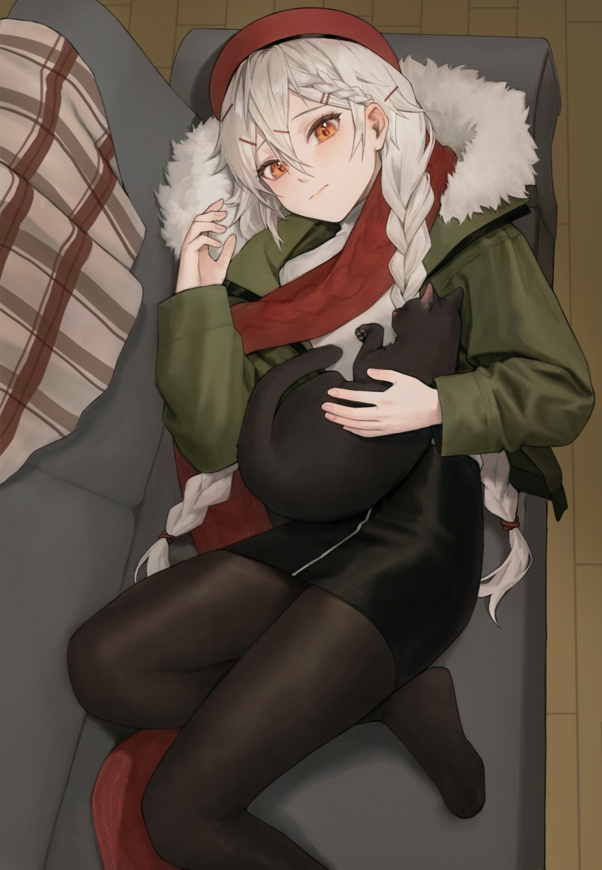 1girl absurdres animal black_cat black_pantyhose black_skirt braid cat closed_mouth commission couch from_above fur-trimmed_hood fur_trim gepard_m1_(girls'_frontline) girls'_frontline green_jacket hair_between_eyes hair_ornament hairclip highres holding holding_animal holding_cat hood hooded_jacket jacket kir_(khw66136132) long_hair looking_at_viewer lying no_shoes on_couch open_clothes open_jacket pantyhose pencil_skirt pixiv_commission plaid red_headwear red_scarf scarf side_braid skirt solo twintails white_hair yellow_eyes