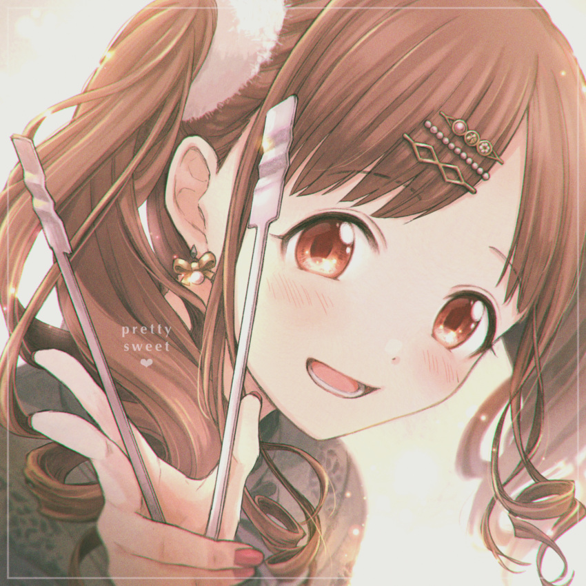 1girl black_dress black_ribbon blush brown_hair close-up dot_nose double_bun dress earrings grid hair_bun hair_ornament hairpin highres holding idolmaster idolmaster_million_live! idolmaster_shiny_colors jewelry long_hair looking_at_viewer nogoodlife open_mouth pink_nails red_eyes ribbon shirt simple_background smile solo sonoda_chiyoko tongs twintails white_background