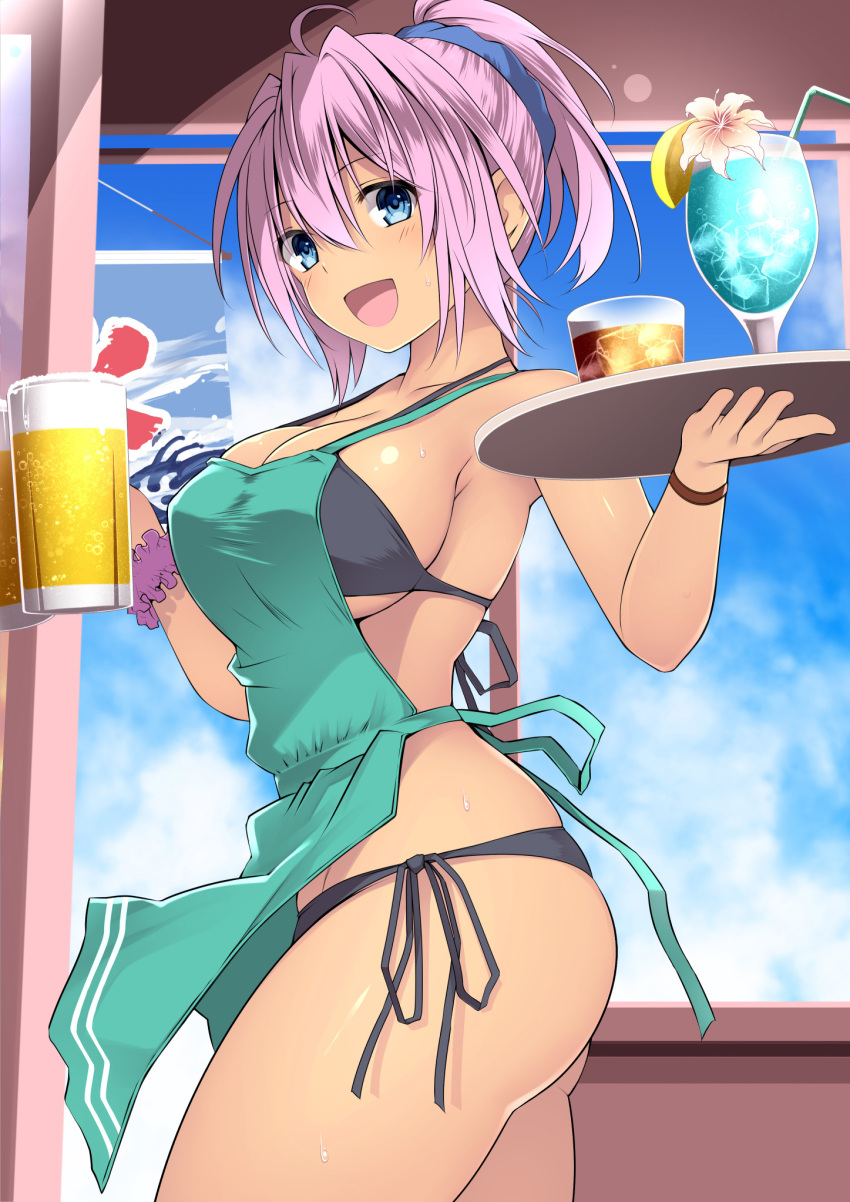 1girl :d ahoge alcohol aoba_(kancolle) apron ass bare_shoulders beer beer_mug bikini black_bikini blue_eyes blue_sky blush breasts cleavage commentary_request cowboy_shot cup day drink drinking_glass drinking_straw flower green_apron hair_between_eyes hair_ornament hair_scrunchie halterneck highres holding holding_tray ice ice_cube kantai_collection kuromayu large_breasts lens_flare looking_at_viewer mug nearly_naked_apron open_mouth pink_flower pink_hair ponytail ribbon scrunchie short_hair short_ponytail side-tie_bikini_bottom sky smile solo string_bikini swimsuit tan thighs tray waitress wrist_scrunchie wristband yellow_ribbon