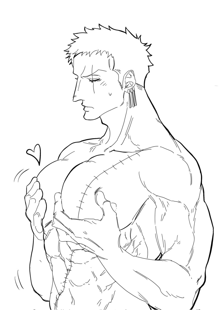 1boy bangultoma33657 bara blush from_side grabbing greyscale heart highres large_pectorals male_focus monochrome motion_lines muscular muscular_male nude one_piece pectoral_grab pectorals roronoa_zoro short_hair sideburns solo upper_body