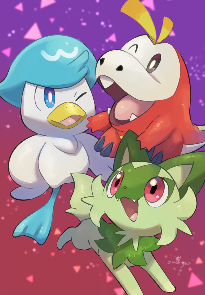 :3 :d absurdres artist_name black_eyes blue_eyes bright_pupils commentary_request fangs fuecoco full_body gradient_background highres no_humans nullma one_eye_closed open_mouth pokemon pokemon_(creature) quaxly red_eyes sharp_teeth signature simple_background smile sprigatito starter_pokemon_trio teeth tongue white_pupils