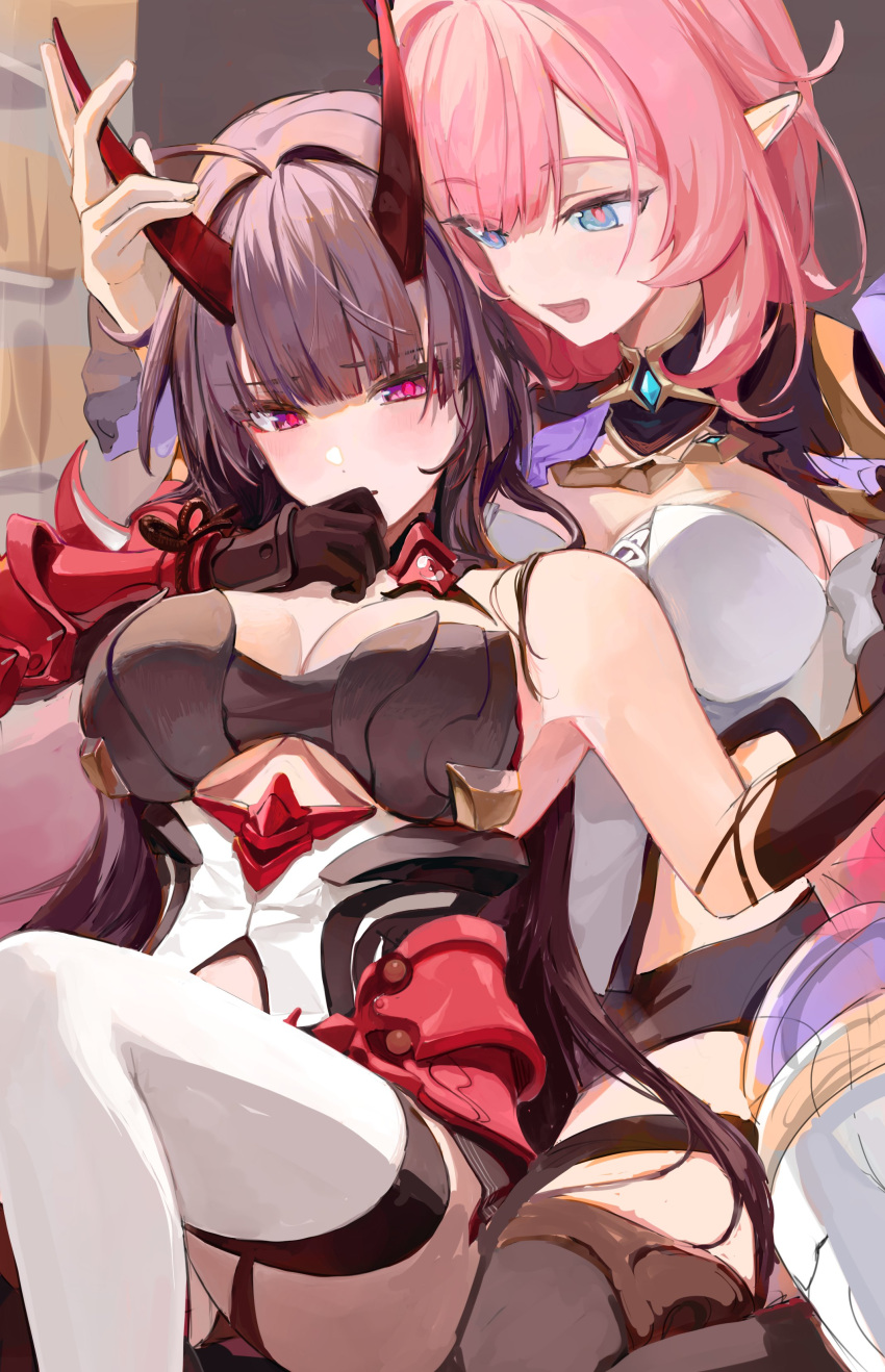 2girls absurdres ahoge armor assertive_female bare_shoulders black_gloves blue_eyes blush breasts cleavage closed_mouth covering_mouth elf elysia_(honkai_impact) elysia_(miss_pink_elf)_(honkai_impact) furrowed_brow gloves highres honkai_(series) honkai_impact_3rd horns japanese_armor japanese_clothes large_breasts long_hair looking_down multiple_girls oni_horns open_mouth pink_hair pink_pupils pointy_ears purple_eyes raiden_mei raiden_mei_(herrscher_of_thunder) red_pupils roena shoulder_armor thighhighs touching_another's_horn white_thighhighs yuri