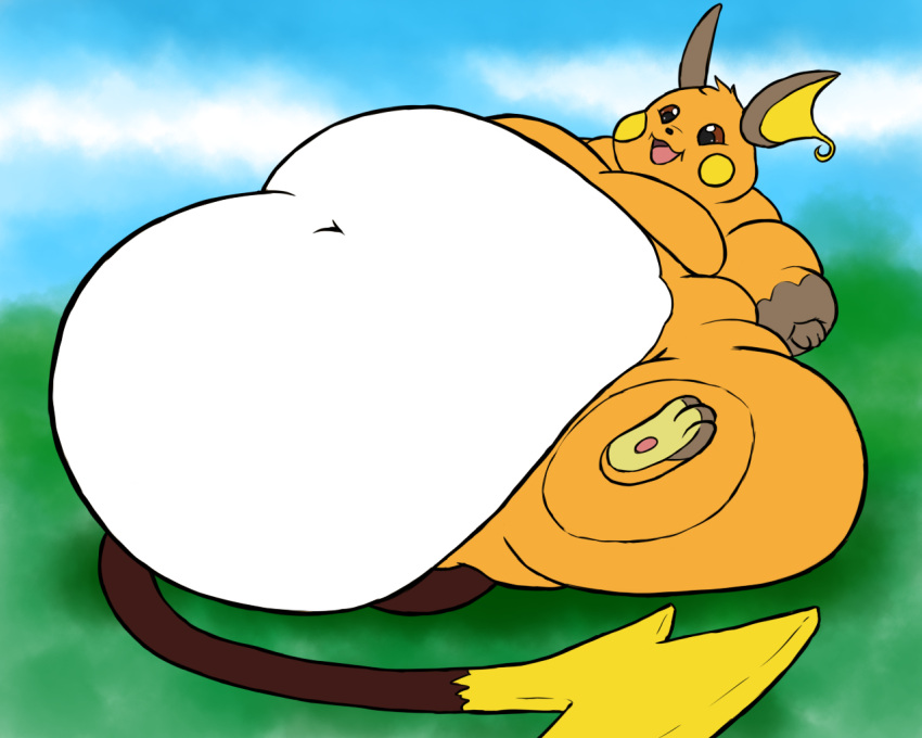 2023 5:4 alvro ambiguous_gender belly big_belly big_butt brown_ears brown_eyes brown_tail butt chubby_cheeks cloud colored digital_media_(artwork) feral flat_colors generation_1_pokemon grass happy huge_butt hyper hyper_belly hyper_butt immobile looking_at_belly moobs morbidly_obese morbidly_obese_ambiguous navel nintendo obese obese_ambiguous open_mouth orange_body overweight overweight_ambiguous pink_tongue plant pokemon pokemon_(species) raichu sky slightly_chubby solo tail tongue white_belly yellow_cheeks yellow_inner_ear yellow_tail