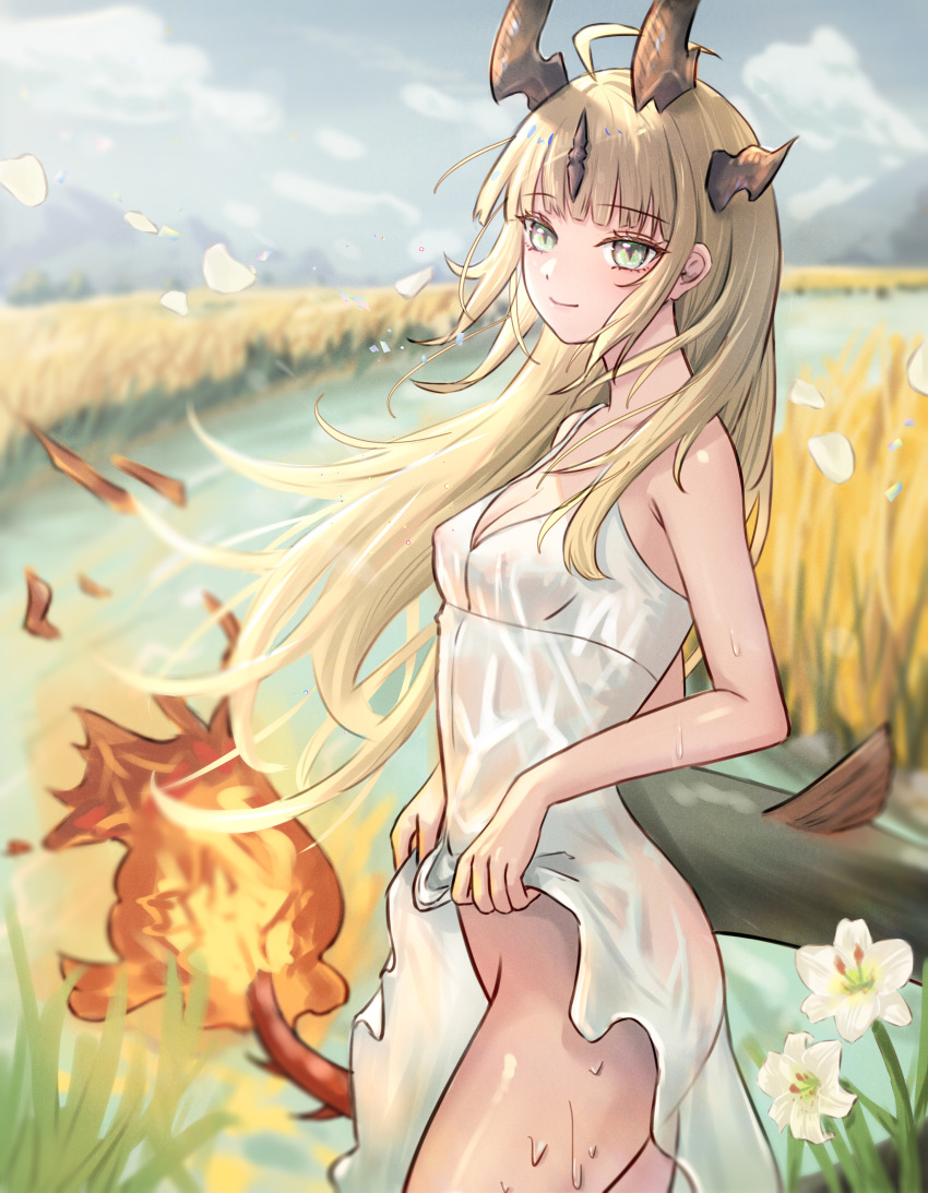 1girl absurdres arknights blonde_hair cowboy_shot dragon_girl dragon_horns dragon_tail dress flame-tipped_tail flashing green_eyes highres horns lifted_by_self long_hair looking_at_viewer no_panties outdoors reed_(arknights) reeds river runyo_(yale12312) see-through sidelocks smile tail thighs wet wet_clothes wet_dress white_dress wind