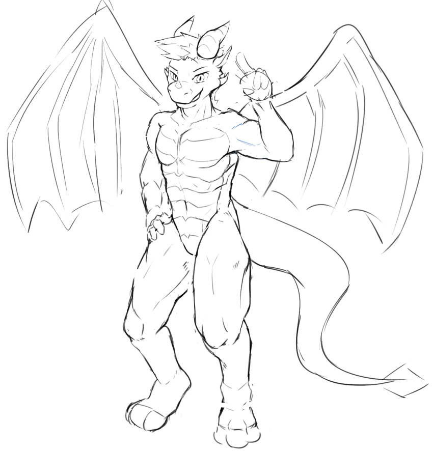 anthro belly_scales bent_legs biceps bulge clothing digital_media_(artwork) digitigrade dragon gesture hair hands_on_hips hi_res horn legs legwear male male/male model_sheet muscular navel obliques pockyco pose scales sketch smile solo tail thigh_highs unfinished v_sign wings