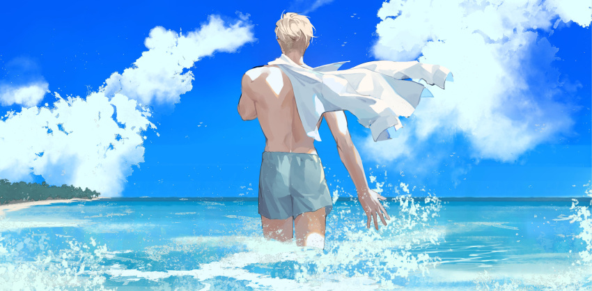 1boy absurdres back bare_arms bare_shoulders beach bergkonia blonde_hair blue_sky cloud cloudy_sky commentary english_commentary from_behind grey_pants highres holding holding_clothes holding_shirt horizon jujutsu_kaisen mature_male muscular muscular_male nanami_kento ocean outdoors pants shallow_water shirt sky solo topless_male undercut unworn_shirt wading water