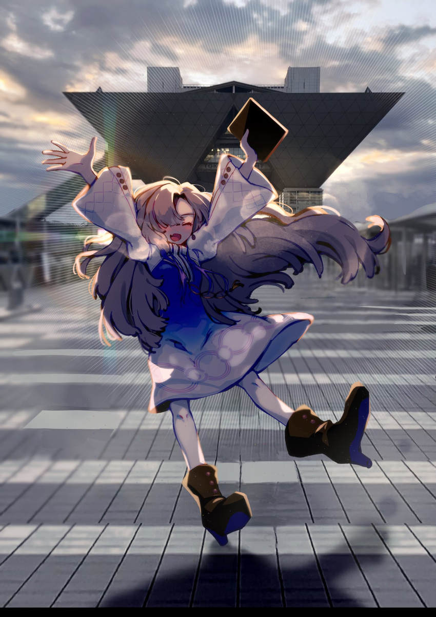 1girl arms_up black_footwear blue_dress blue_hair boots closed_eyes cloud dress floating_hair grey_hair hair_over_one_eye happy high_heel_boots high_heels highres holding isekai_joucho jumping kamitsubaki_studio long_hair multicolored_hair open_mouth outdoors overcast pantyhose photo_background poppy_(haraheri_0011) sky smile solo tokyo_big_sight two-tone_dress two-tone_hair virtual_youtuber white_dress white_pantyhose