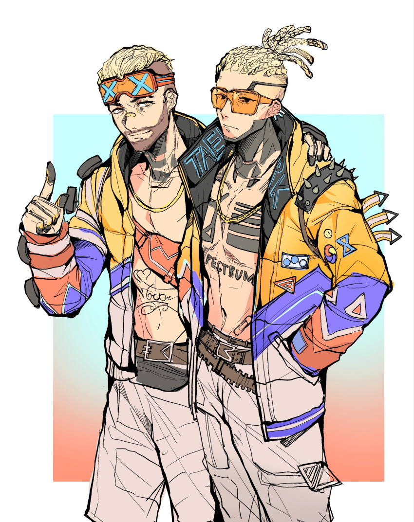 2boys absurdres animification apex_legends bare_pectorals belt blonde_hair border brown_belt chain chest_tattoo cornrows crypto_(apex_legends) facial_hair fanny_pack gloves goatee gold_chain gradient_background grey_pants hair_slicked_back hand_in_pocket hand_on_another's_shoulder highres hype_beast_crypto lit_witt_mirage male_focus mirage_(apex_legends) multiple_boys navel official_alternate_costume outside_border pants pectorals pointing smile song_tan_shui tattoo white_border yellow_gloves
