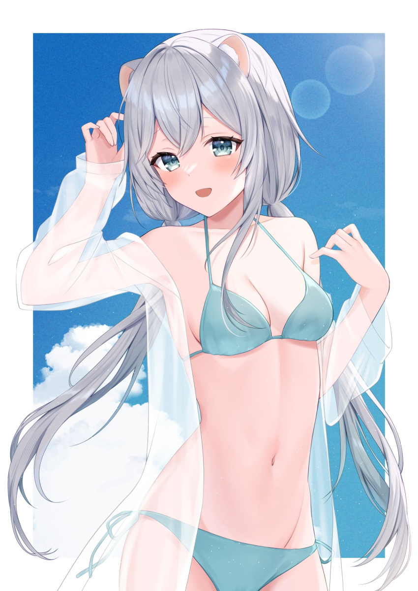 1girl animal_ears aone_ioru aqua_eyes bikini blue_bikini blush breasts cleavage_cutout clothing_cutout grey_hair hair_between_eyes hamster_ears hamster_girl highres indie_virtual_youtuber long_hair long_sleeves medium_breasts mochiko_(uyu_omochi) navel open_mouth solo stomach swimsuit virtual_youtuber