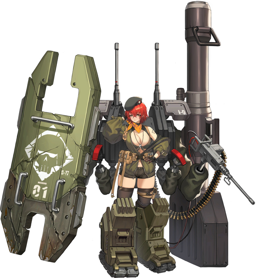 1girl 2v_(joyeong) :&lt; ammunition_belt areola_slip arm_behind_head ballistic_shield belt belt_pouch beret black_gloves black_shorts black_thighhighs breasts broken_shield brown_belt browning_m2 cannon character_name cleavage cleavage_cutout closed_mouth clothing_cutout dog_tags earrings front-tie_top full_body game_cg gloves green_headwear green_jacket gun hair_between_eyes hat heavy_machine_gun highres huge_weapon jacket jewelry large_breasts last_origin linea_alba looking_at_viewer machine_gun mechanical_boots military_hat military_jacket military_uniform mole mole_on_breast nashorn_(last_origin) navel off-shoulder_jacket off_shoulder official_art open_clothes open_jacket pouch red_hair scarf scratches short_hair short_shorts shorts shoulder_tattoo simple_background skindentation solo standing tachi-e tank_top tattoo thigh_pouch thighhighs third-party_source transparent_background treadmill uniform weapon wrist_belt yellow_eyes yellow_scarf