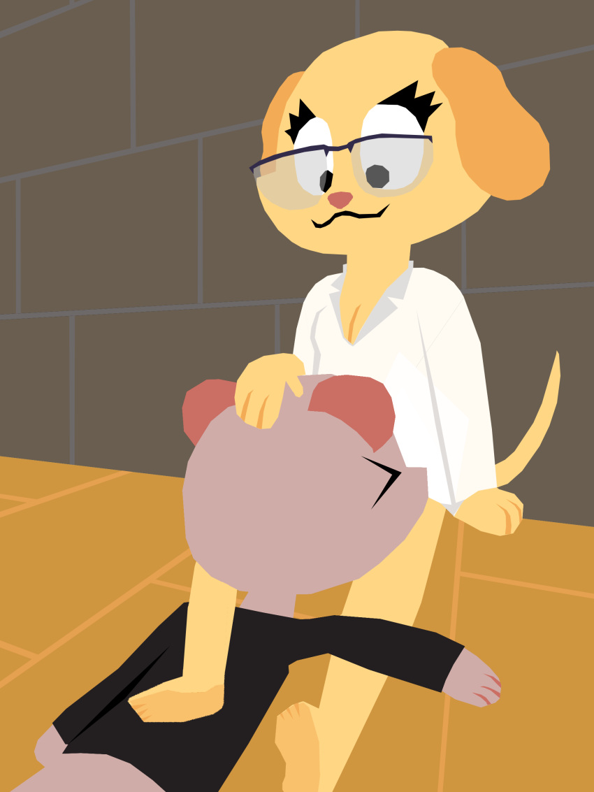 :3 absurd_res ambiguous_gender anthro bird_dog bottomless canid canine canis clothed clothing cunnilingus detailed_background digital_media_(artwork) domestic_dog dr._jennifer_dogna duo eyewear female female/ambiguous flat_colors fur glasses hand_on_head hi_res hunting_dog labrador lineless luigibottle mammal mouse murid murine oral pink_body pink_fur pixile_studios retriever rodent sex super_animal_royale vaginal yellow_body yellow_fur