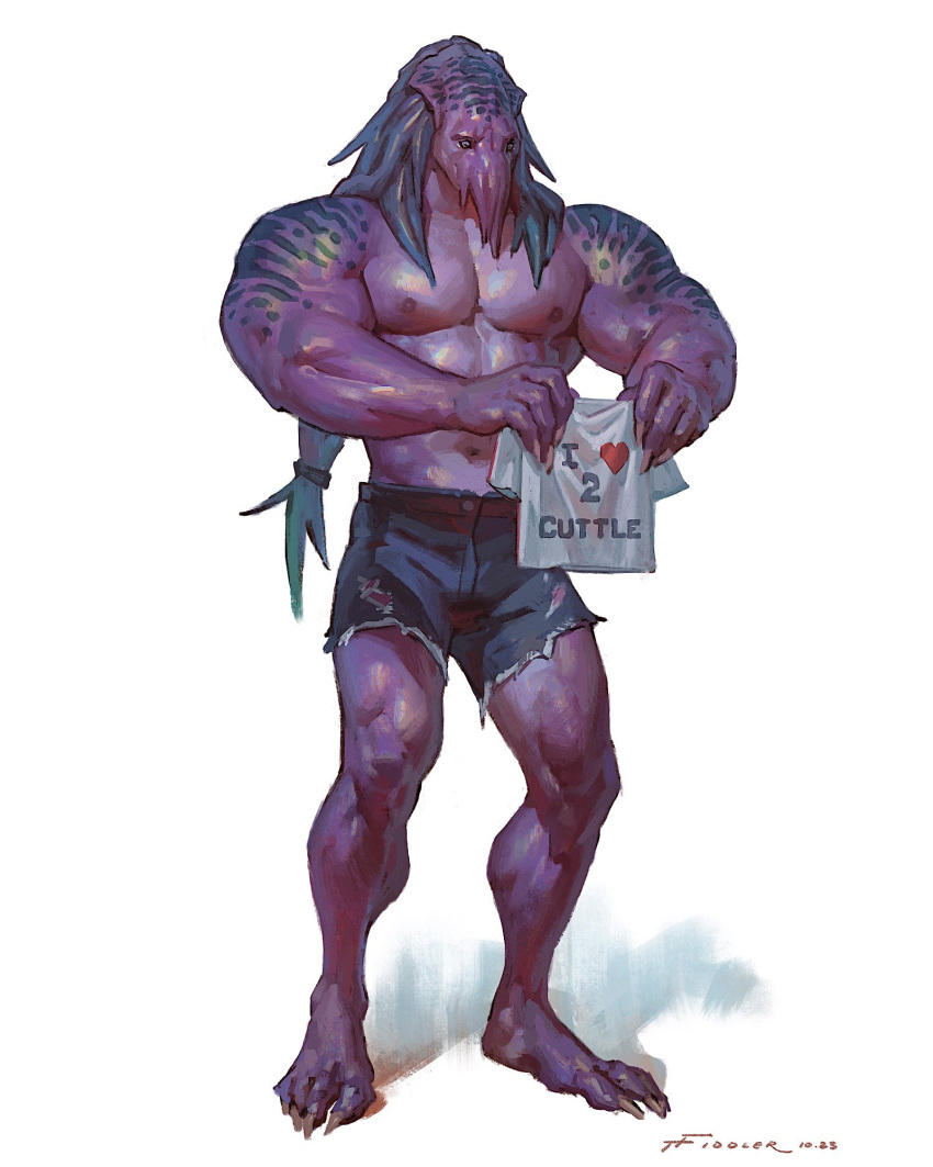 2023 anthro areola bars biceps biped bottomwear cephalopod clothed clothing coleoid cuttlefish decapodiform digital_media_(artwork) english_text hi_res holding_object male marine mollusk muscular muscular_anthro muscular_male navel nipples non-mammal_nipples pecs plantigrade purple_body shirt shorts simple_background solo standing taran_fiddler text topless topwear were werecuttlefish white_background