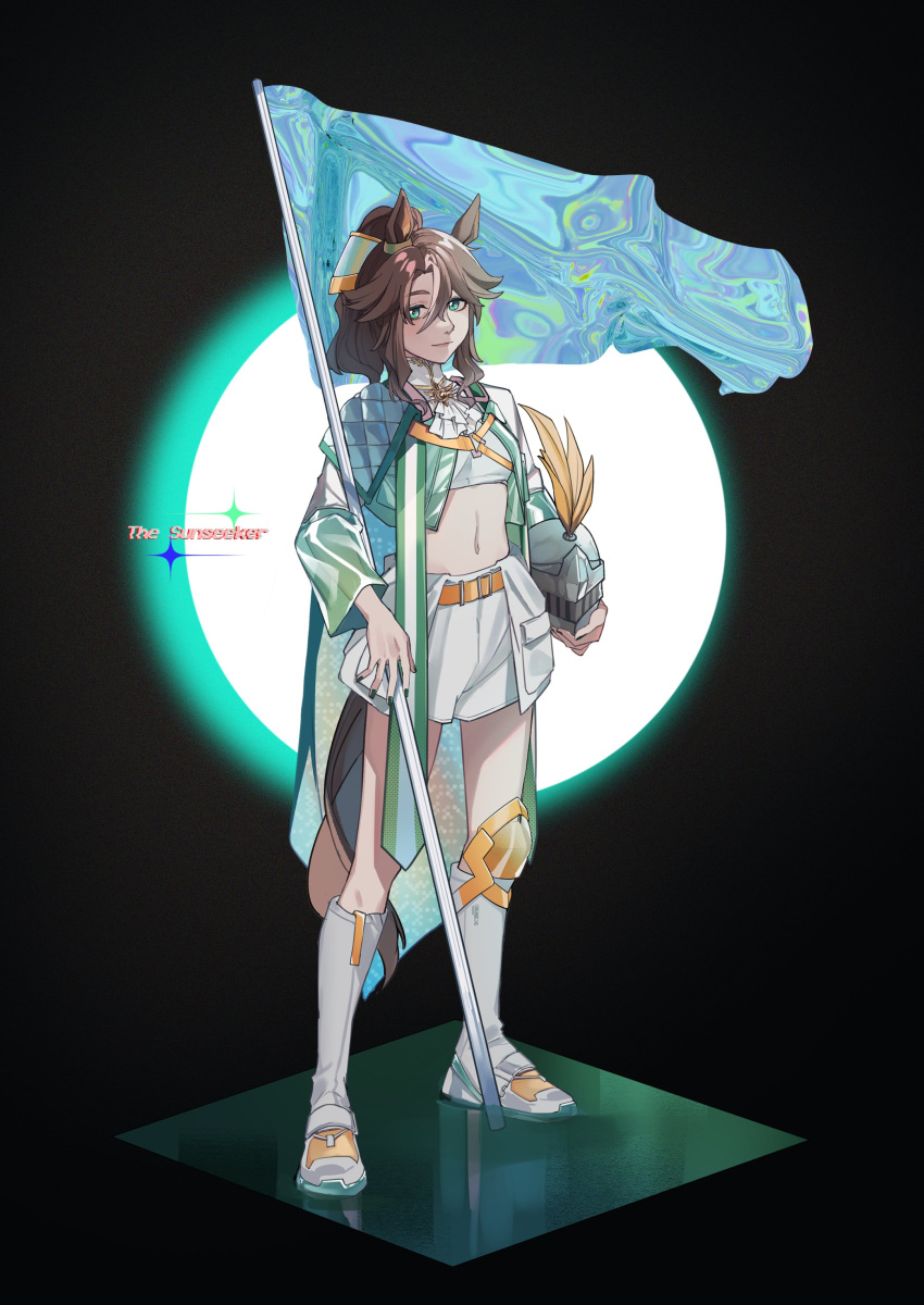 1girl absurdres alternate_costume animal_ears belt boots breasts brown_hair cape closed_mouth commentary_request crop_top cropped_jacket english_text flag full_body fuyukayui green_eyes helm helmet highres holding holding_flag holding_helmet horse_ears horse_girl horse_tail iridescent jabot knee_pads long_sleeves looking_at_viewer medium_hair mejiro_palmer_(umamusume) midriff multicolored_hair navel parted_bangs ponytail shirt shorts single_knee_pad small_breasts solo standing streaked_hair tail umamusume white_footwear white_shirt white_shorts