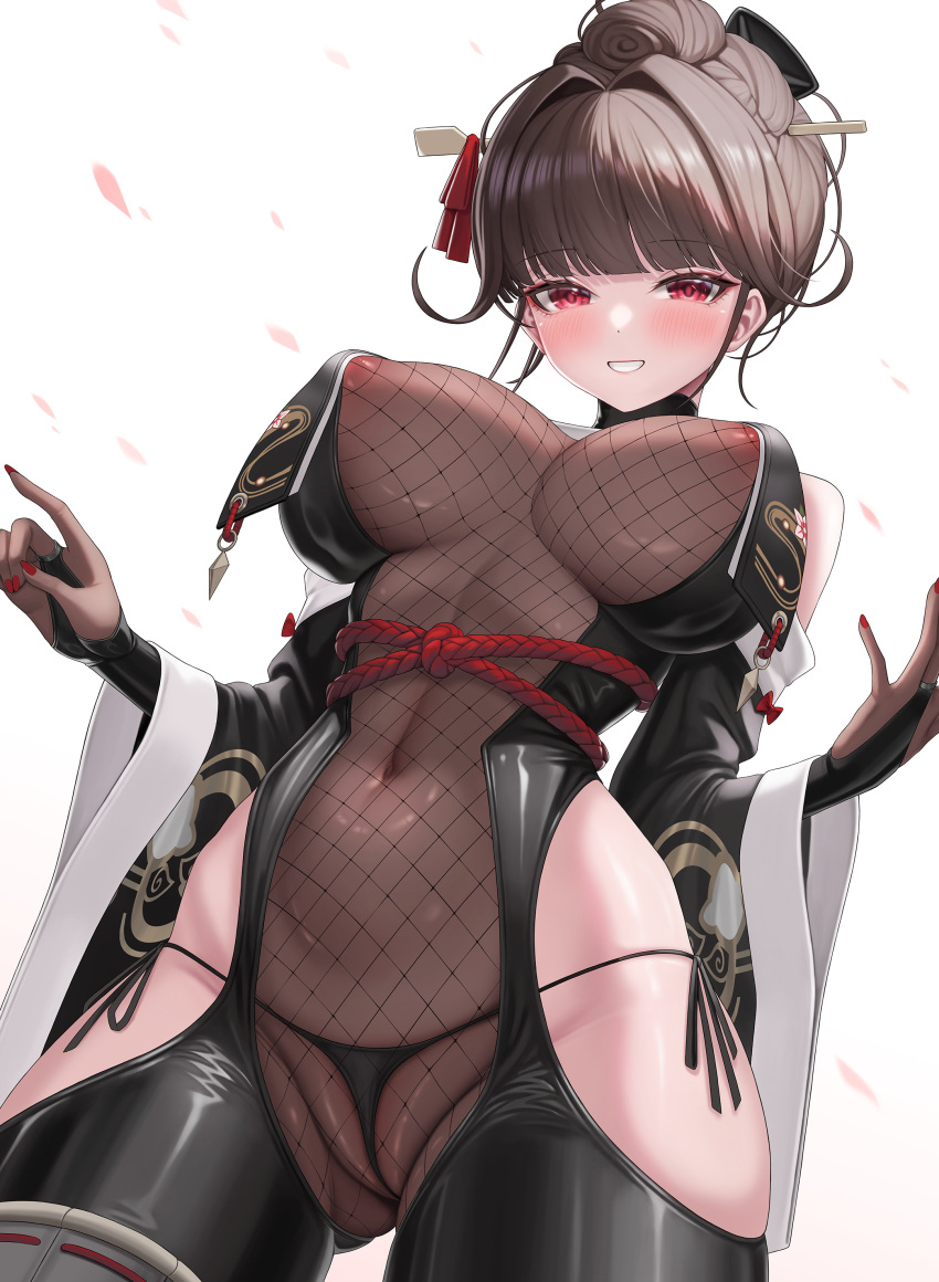 1girl absurdres areola_slip black_unitard blunt_bangs blush bodystocking breast_curtains breasts cleavage covered_navel covered_nipples cowboy_shot fins_(pixiv29142276) fishnet_top fishnets goddess_of_victory:_nikke hair_intakes hair_ornament hair_stick hairpin highres hip_vent holster large_breasts long_hair looking_at_viewer official_alternate_costume panties parted_lips red_eyes sakura_(midnight_stealth)_(nikke) sakura_(nikke) see-through see-through_cleavage side-tie_panties sidelocks simple_background smile solo standing string_panties thigh_holster thighs underwear unitard white_background