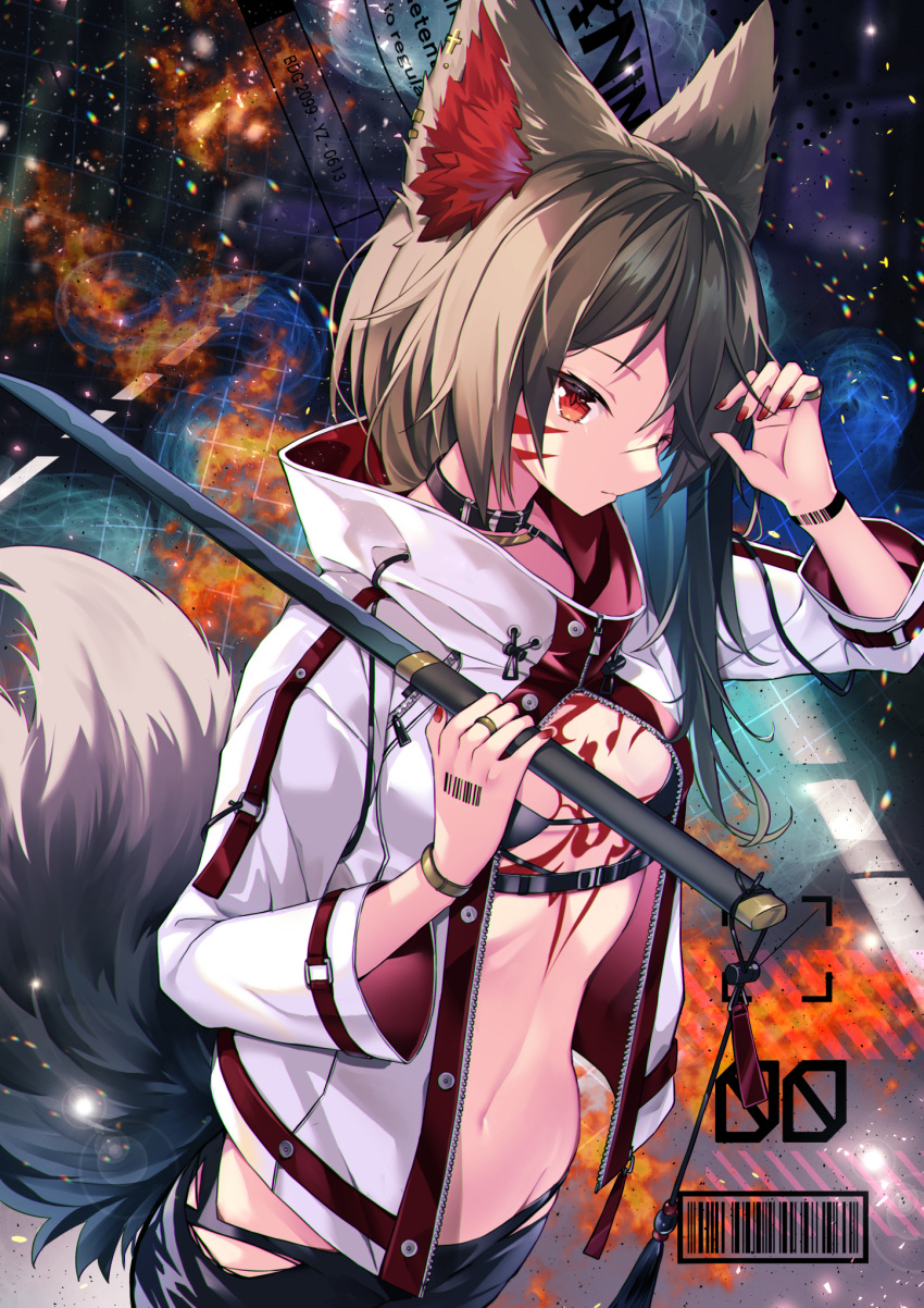 07touka25 1girl animal_ears barcode barcode_tattoo black_bra bra bracelet breasts brown_hair closed_mouth collar expressionless facial_mark highres jacket jewelry long_hair long_sleeves navel open_clothes open_jacket original partially_unzipped red_eyes red_nails ring small_breasts stomach sword tail tattoo underwear weapon whisker_markings white_jacket wolf_ears wolf_girl wolf_tail