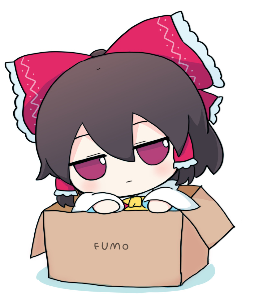 1girl ascot bow box brown_hair chibi detached_sleeves expressionless for_adoption fumo_(doll) hair_bow hakurei_reimu highres in_box in_container jitome medium_hair red_bow red_eyes rei_(tonbo0430) simple_background solo touhou white_background white_sleeves wide_sleeves yellow_ascot