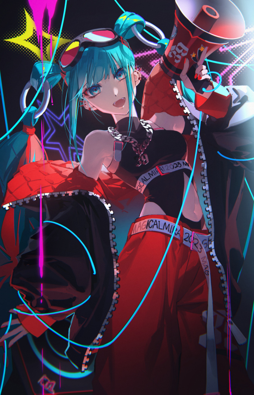 1girl 39 :d absurdres baggy_pants bare_shoulders black_jacket black_shirt blue_eyes blue_hair blush chain_necklace clothing_cutout commentary cowboy_shot ear_piercing eyeshadow fangs goggles goggles_on_head hatsune_miku head_tilt highres holding holding_megaphone jacket jewelry long_bangs long_hair long_sleeves looking_at_viewer magical_mirai_(vocaloid) magical_mirai_miku magical_mirai_miku_(2023) makeup megaphone navel navel_cutout necklace nyansky o-ring off_shoulder open_clothes open_jacket open_mouth pants piercing quilted_jacket red_eyeshadow red_pants shirt sleeveless sleeveless_shirt smile solo stomach twintails vocaloid
