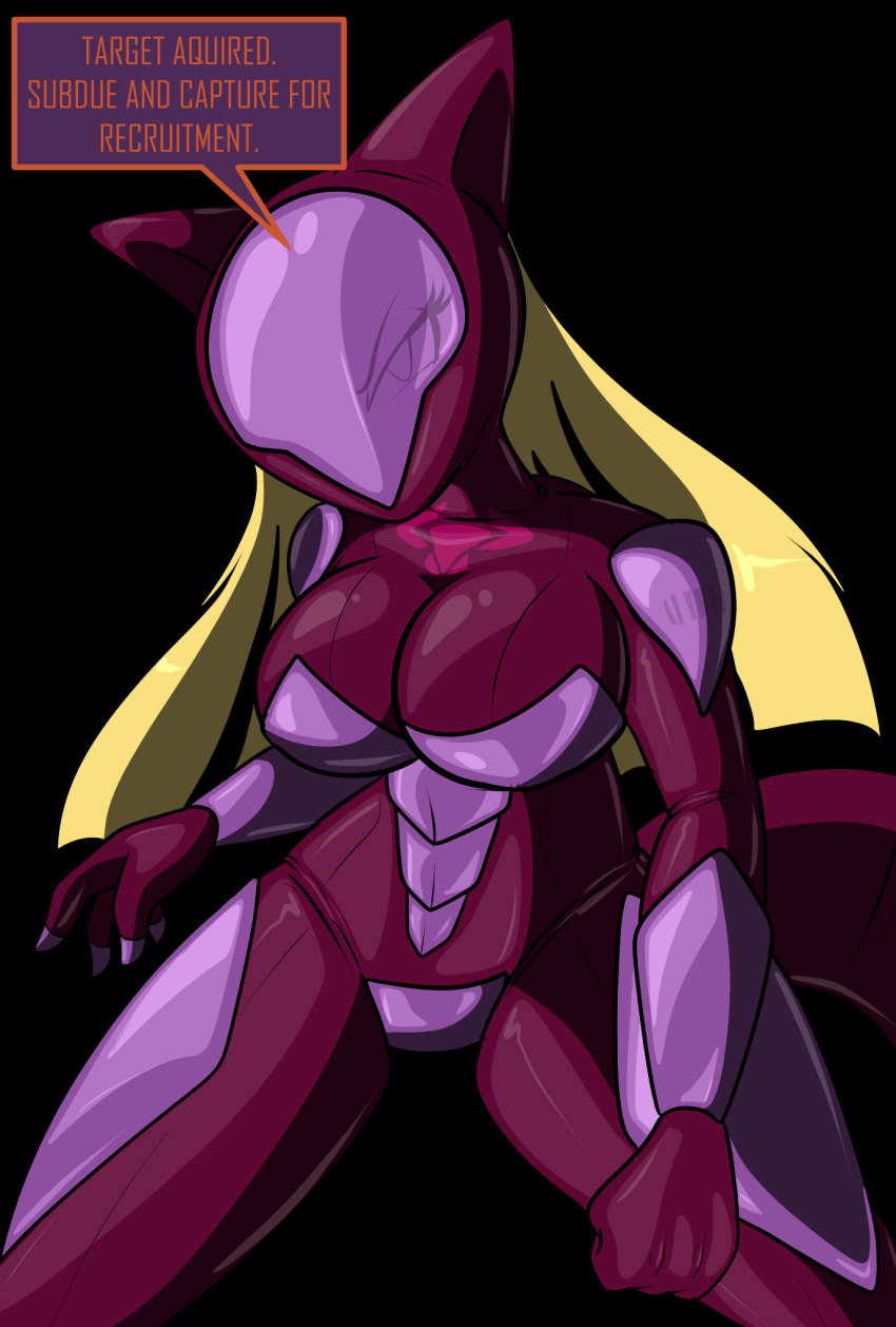 2023 4_fingers anthro armor big_breasts blonde_hair breasts canid canine chaoscroc cleavage clothed clothing dialogue dialogue_box drone english_text female fingers fox hair hi_res latex mammal mind_control red_latex rubber rubber_clothing rubber_suit skinsuit solo standing text tight_clothing victory_vixen visor wearing_helmet