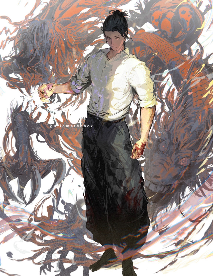 1boy artist_name baggy_pants black_eyes black_footwear black_hair black_pants blood blood_on_hands closed_mouth collared_shirt dragon eastern_dragon getou_suguru guri_otoko hair_bun hair_pulled_back hand_up highres jujutsu_kaisen male_focus monster pants shirt short_hair sleeves_rolled_up solo tabi white_background white_shirt