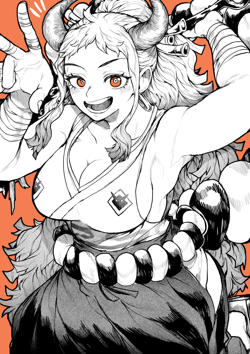 1girl absurdres armpits bandaged_fingers bandages breasts cleavage collarbone greyscale greyscale_with_colored_background highres horns large_breasts long_hair looking_at_viewer monochrome one_piece open_mouth orange_background orange_eyes rope shimenawa simple_background smile solo teeth yamato_(one_piece) yotsumi_shiro