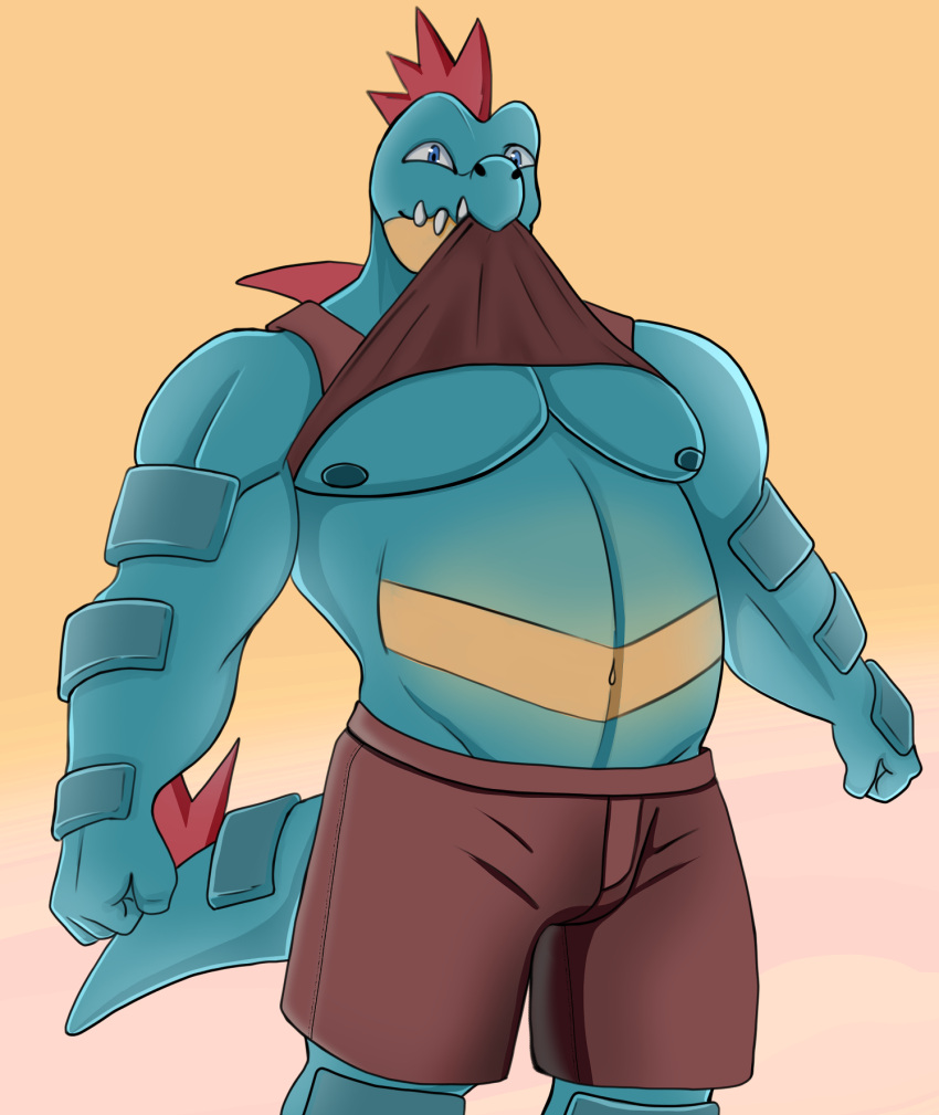 anthro bubbaferaligatr bubbagatr crocodilian feraligatr generation_2_pokemon hi_res male musclegut muscular nintendo nipples pecs pokemon pokemon_(species) reptile scalie solo