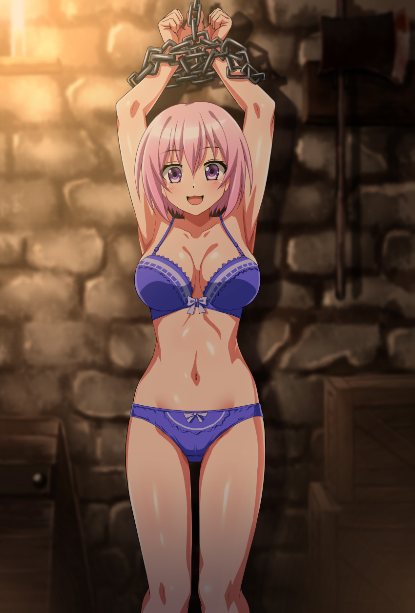 1girl absurdres arms_up blue_bra blue_panties bow bow_bra bow_panties bra breasts brick_wall chain choujin_koukousei-tachi_wa_isekai_demo_yoyuu_de_ikinuku_you_desu! commentary_request commission crotch_seam highres indoors lace-trimmed_bra lace_trim large_breasts looking_at_viewer navel open_mouth panties partial_commentary pink_eyes pink_hair pixiv_commission restrained sarutobi_shinobu short_hair smile solo standing underwear underwear_only zanntetu