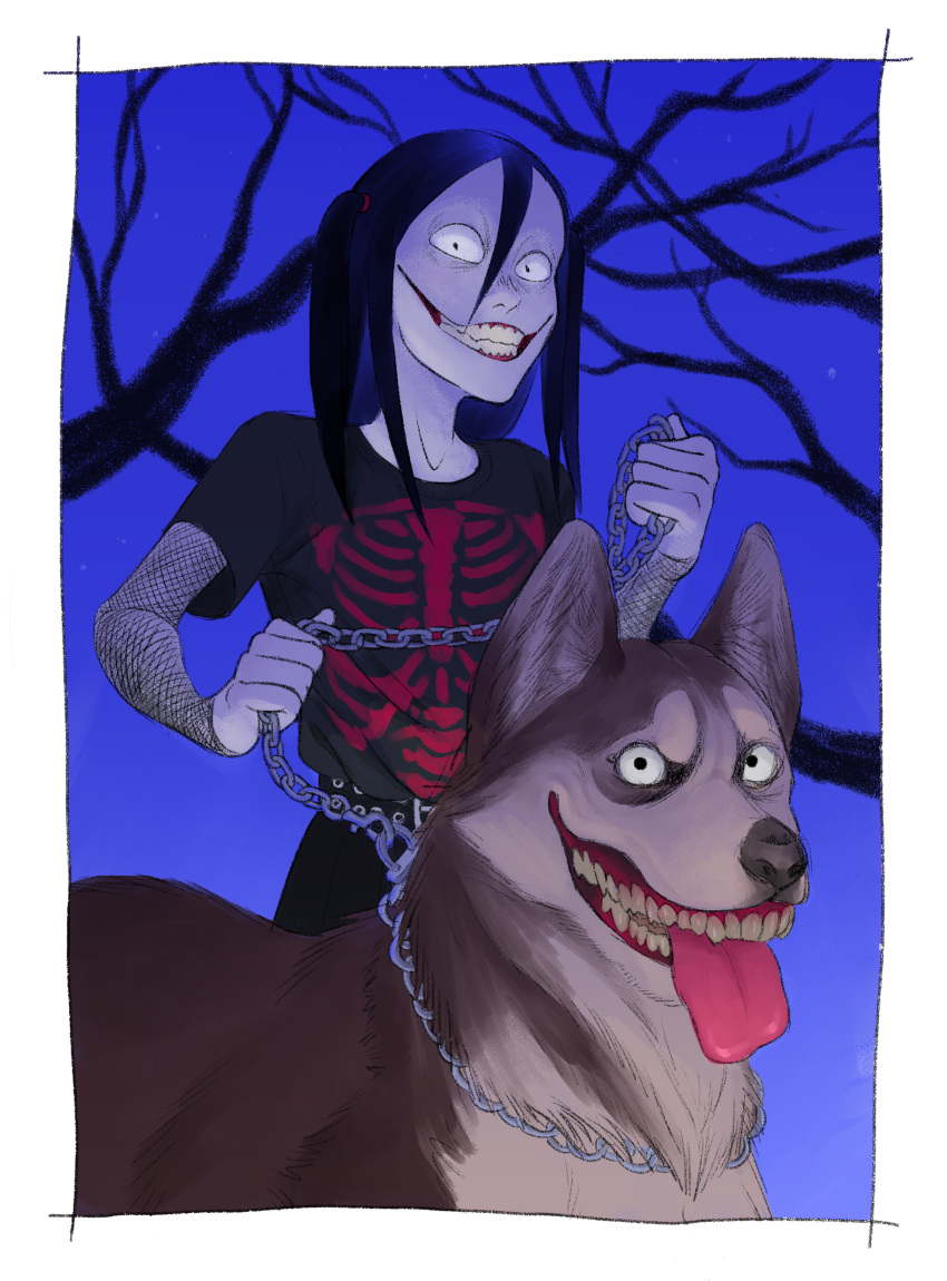 absurd_res black_hair breadbitch420 canid canine canis clothed clothing creepypasta domestic_dog duo feral grin hair hi_res human husky jeff_the_killer looking_at_viewer male mammal nordic_sled_dog siberian_husky simple_background smile smile.dog spitz teeth