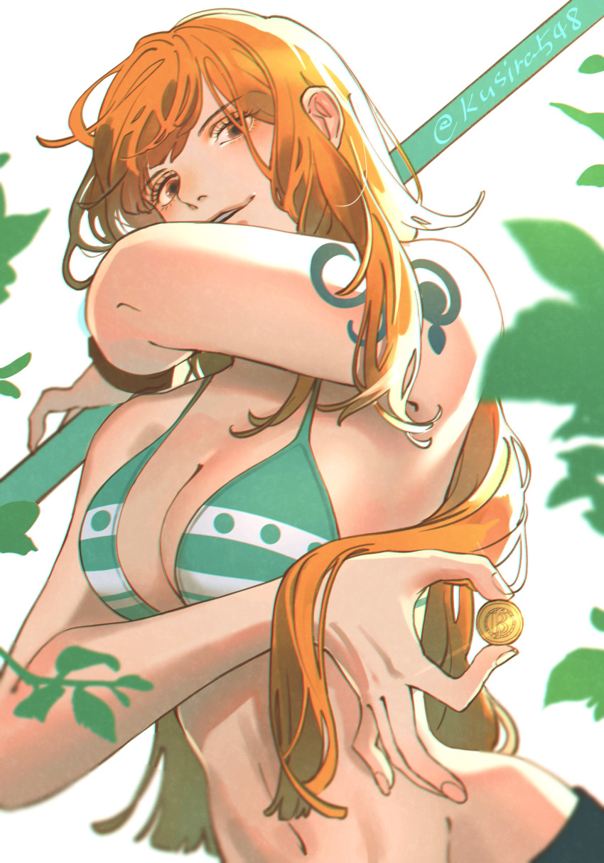 1girl bare_shoulders bikini bikini_top_only blue_pants bracelet breasts cleavage coin commentary gold_coin green_bikini hair_over_shoulder highres holding holding_coin holding_staff holding_weapon jewelry kusira548 large_breasts leaf log_pose long_hair looking_at_viewer midriff nami_(one_piece) navel one_piece orange_eyes orange_hair pants parted_lips plant shoulder_tattoo solo staff swept_bangs swimsuit tattoo twitter_username upper_body weapon white_background
