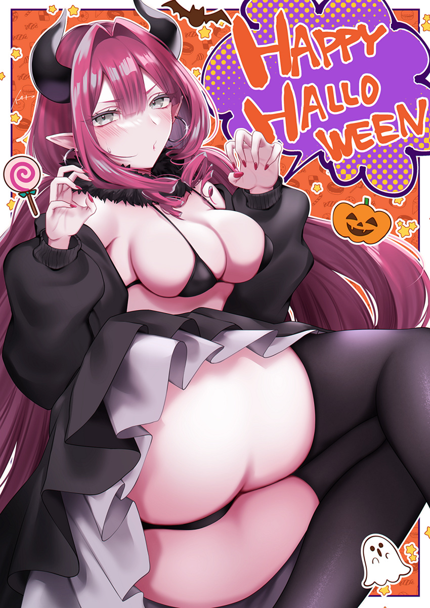 1girl ass baobhan_sith_(fate) blush breasts demon_horns earrings fate/grand_order fate_(series) grey_eyes halloween highres hoop_earrings horns ichi_kq jewelry large_breasts long_hair looking_at_viewer pink_hair pointy_ears sidelocks solo thighs