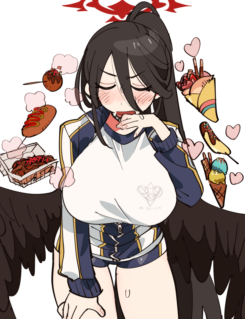 1girl absurdres black_wings blue_archive breasts chocolate_banana crepe food gym_shorts hasumi_(blue_archive) hasumi_(track)_(blue_archive) highres ice_cream_cone jacket large_breasts long_hair ponytail shirt shorts sweat takoyaki track_jacket uotsu_(sabakou) white_background white_shirt wings