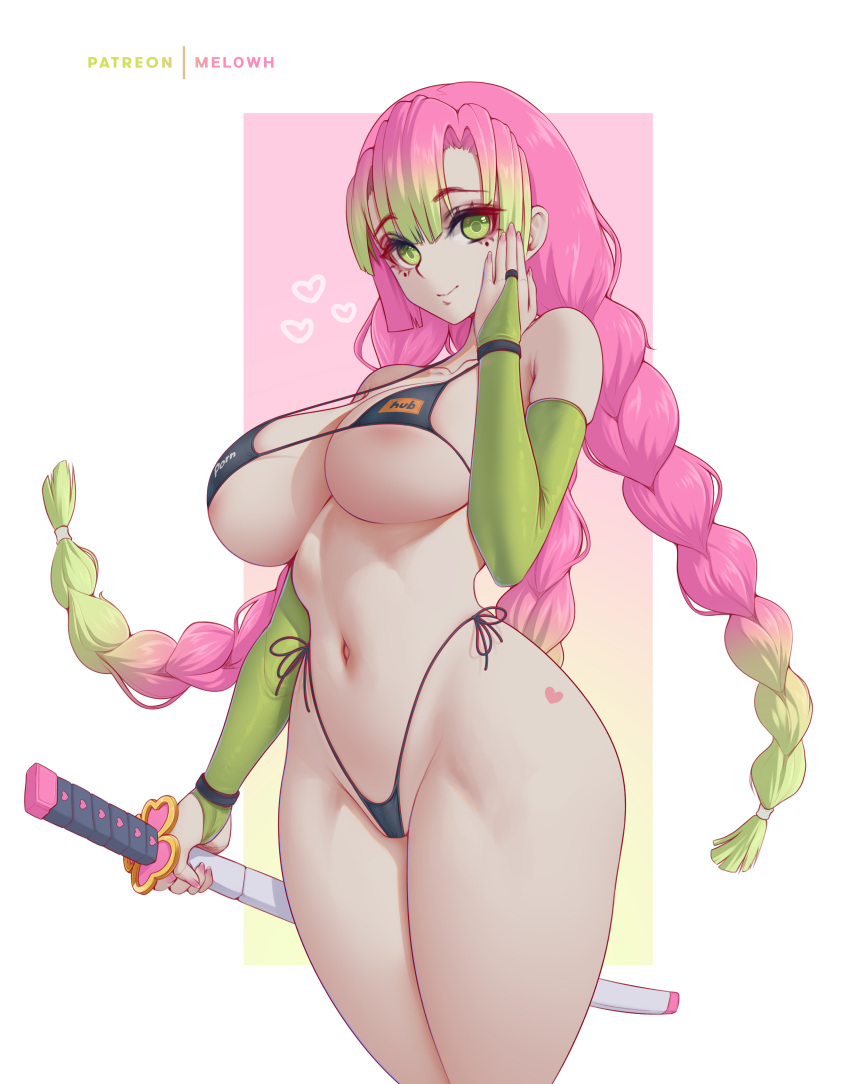 1girl absurdres areola_slip artist_name bikini black_bikini breasts bridal_gauntlets closed_mouth collarbone commentary english_commentary fingernails gloves gradient_background gradient_hair green_background green_eyes green_gloves green_hair heart heart_tattoo highleg highleg_bikini highres holding holding_sheath holding_sword holding_weapon kanroji_mitsuri kimetsu_no_yaiba large_breasts long_hair looking_at_viewer melowh micro_bikini multicolored_hair nail_polish navel patreon_username pink_background pink_hair pink_nails pornhub print_bikini sheath side-tie_bikini_bottom smile solo stomach swimsuit sword tattoo thighs tri_tails weapon white_background