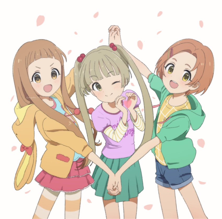 3girls animal_hood blue_shirt blue_shorts blunt_bangs blush bow brown_eyes brown_hair commentary female_child green_jacket green_skirt hair_bobbles hair_ornament heart heart_hands highres holding_hands hood hooded_jacket ichihara_nina idolmaster idolmaster_cinderella_girls idolmaster_cinderella_girls_u149 interlocked_fingers jacket light_brown_hair long_hair long_sleeves looking_at_viewer megabee_e multiple_girls one_eye_closed open_mouth orange_hair orange_jacket orange_shirt pantyhose petals pink_shirt pink_skirt pleated_skirt print_shirt rabbit_hood red_bow ryuzaki_kaoru shirt short_hair shorts sidelocks skirt smile striped striped_pantyhose striped_sleeves teeth twintails upper_teeth_only v-shaped_eyebrows white_background yellow_eyes yokoyama_chika