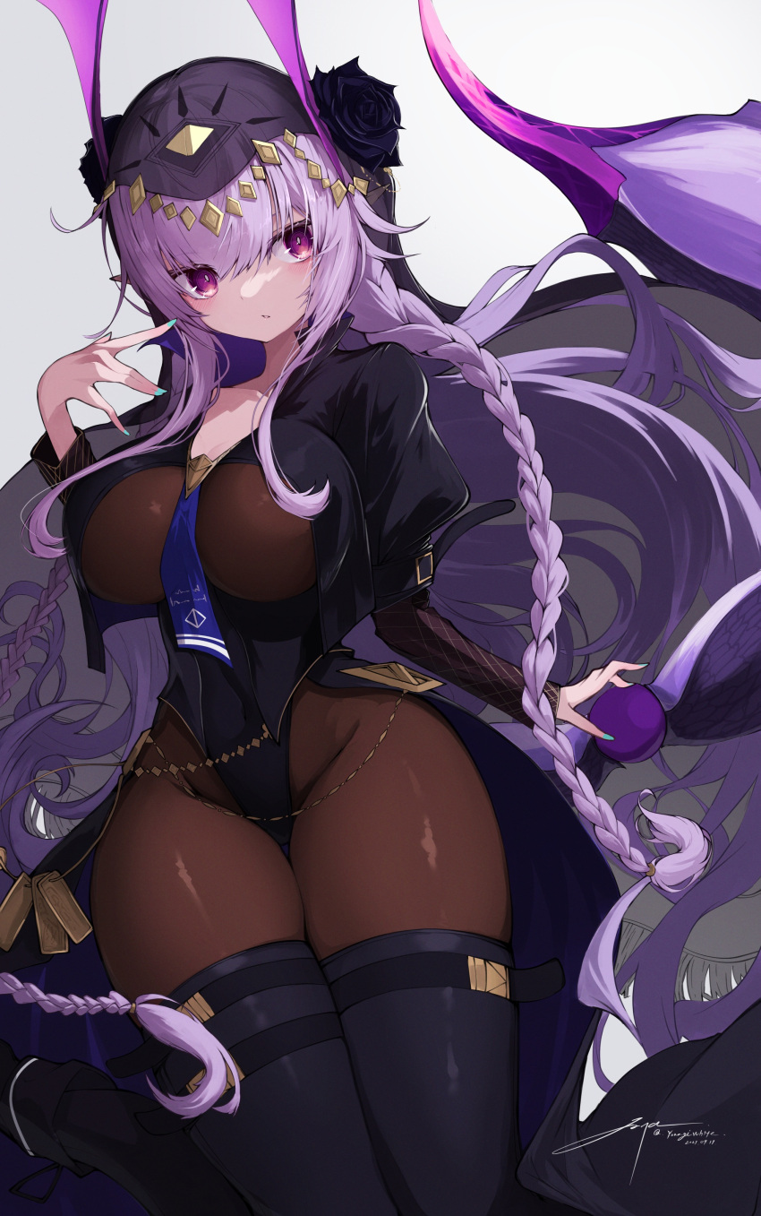 1girl absurdres arknights breasts hair_ornament highres large_breasts long_hair looking_at_viewer manticore_(arknights) manticore_(under_a_veil)_(arknights) purple_eyes purple_hair scorpion_tail tail veil white_background wide_hips yonagi_white