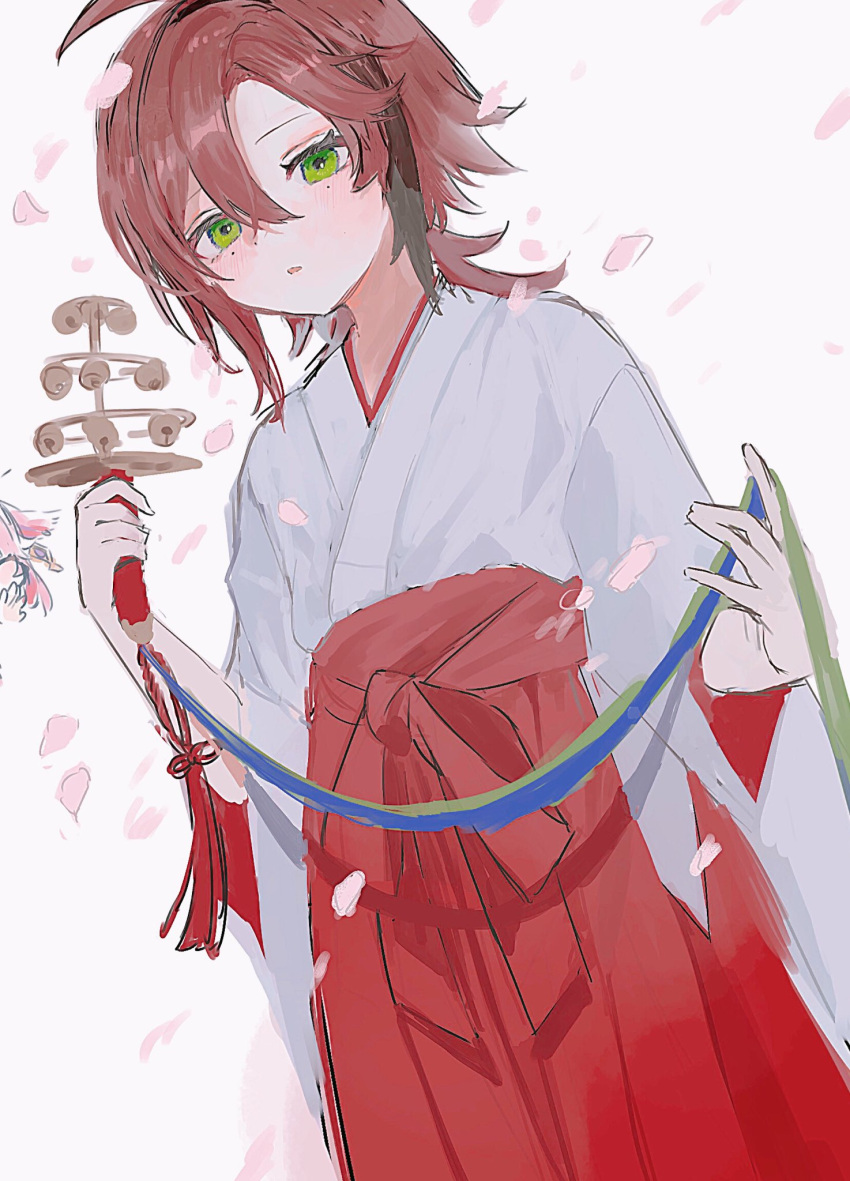 1boy 1girl alternate_costume bell black_hair blush cherry_blossoms crossdressing earrings genshin_impact green_eyes hakama highres holding japanese_clothes jewelry jingle_bell kagura_suzu kyurucho male_focus miko mole mole_under_eye multicolored_hair otoko_no_ko parted_lips petals pink_hair ponytail red_hair red_hakama shikanoin_heizou simple_background solo_focus streaked_hair wide_sleeves yae_miko