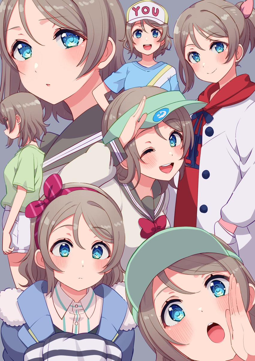 1girl absurdres alternate_hairstyle birthday black-framed_eyewear blue_eyes blush commentary cream_(nipakupa) from_side glasses grey_background grey_hair hair_ribbon hairband hat high_ponytail highres jacket looking_at_viewer love_live! love_live!_sunshine!! multiple_views one_eye_closed ribbon salute school_uniform short_hair sidelocks smile swept_bangs upper_body uranohoshi_school_uniform visor_cap watanabe_you