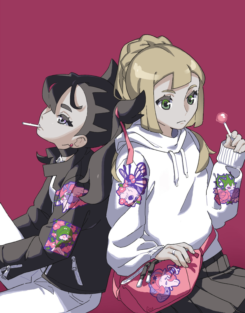 2girls absurdres alternate_costume asymmetrical_bangs black_choker black_hair black_sweater blonde_hair blunt_bangs butterfree candy choker closed_mouth earrings food food_in_mouth gardevoir green_eyes highres holding holding_candy holding_food holding_lollipop hood hoodie jewelry light_frown lillie_(pokemon) lollipop long_hair looking_to_the_side marnie_(pokemon) medium_hair multiple_girls pants pink_bag pinkgermy pleated_skirt pokemon pokemon_(game) ponytail red_background ring roselia_(pokemon) sitting skirt stud_earrings swablu sweater white_hoodie white_pants