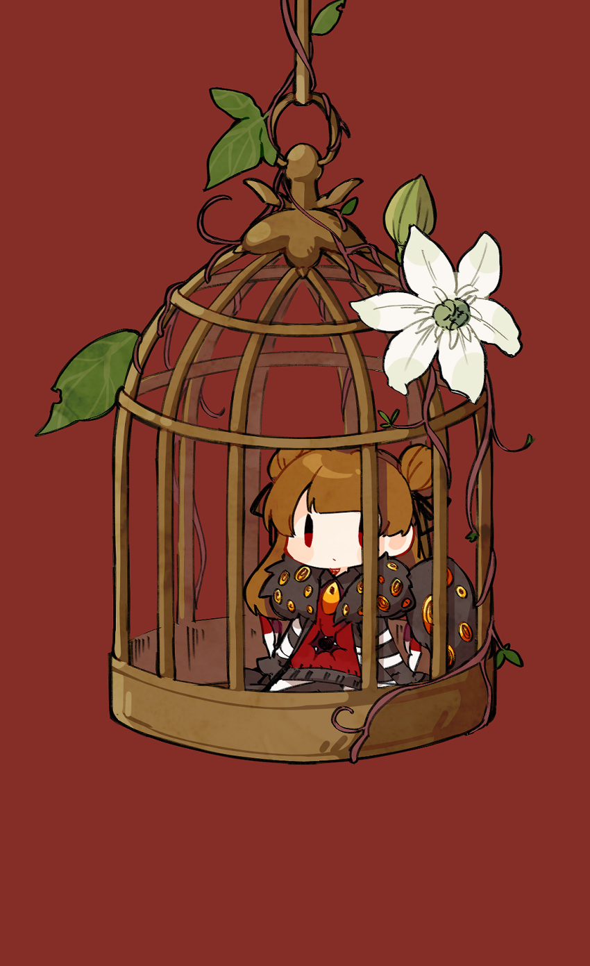 1girl birdcage black_jacket black_ribbon black_shirt brown_hair cage chibi closed_mouth collared_shirt commentary_request double_bun e.g.o_(project_moon) employee_(lobotomy_corporation) expressionless flower fur-trimmed_jacket fur_trim hair_bun hair_ribbon highres hoshizuki_sakusa jacket lobotomy_corporation long_hair long_sleeves mini_person minigirl no_nose open_clothes open_jacket project_moon red_background red_eyes red_vest ribbon shirt simple_background single_wing sitting solo vest white_flower wings |_|