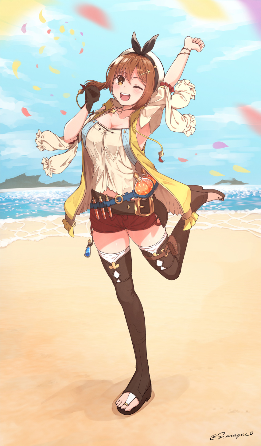 1girl ;d absurdres arm_up atelier_(series) atelier_ryza atelier_ryza_1 beach belt belt_buckle beret black_hairband blue_sky boots bow_hairband bracelet breasts bridal_legwear brown_belt brown_eyes brown_footwear brown_gloves brown_hair buckle commentary_request detached_sleeves falling_petals flask full_body gloves hair_between_eyes hair_ornament hairband hairclip hand_up hat highres holster jacket jewelry leather leather_belt leather_gloves looking_at_viewer medium_breasts midriff_peek necklace ocean one_eye_closed outdoors outstretched_arm petals red_shorts reisalin_stout round-bottom_flask s-masa_7131 shirt short_hair short_shorts shorts sidelocks single_glove sky sleeveless sleeveless_jacket sleeveless_shirt smile solo standing standing_on_one_leg star_(symbol) star_necklace thigh_boots thigh_holster thighhighs thighhighs_under_boots toeless_footwear toes twitter_username white_headwear white_shirt white_sleeves white_thighhighs yellow_jacket