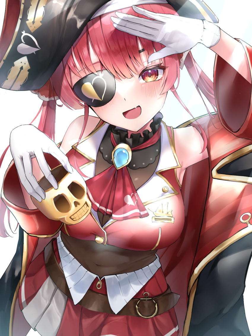 1girl arrow_through_heart ascot belt bicorne black_choker black_headwear breasts brooch brown_belt choker dokuro-kun_(houshou_marine) eyepatch frilled_choker frilled_shirt_collar frills gloves hat heterochromia highres hololive houshou_marine houshou_marine_(1st_costume) jacket jewelry large_breasts leather_belt leotard leotard_under_clothes long_hair looking_at_viewer miniskirt open_mouth pirate pirate_hat pleated_skirt red_ascot red_eyes red_hair red_jacket red_ribbon red_skirt ribbon salute scarf_(50464982) see-through see-through_leotard skirt sleeveless sleeveless_jacket solo twintails virtual_youtuber white_gloves yellow_eyes