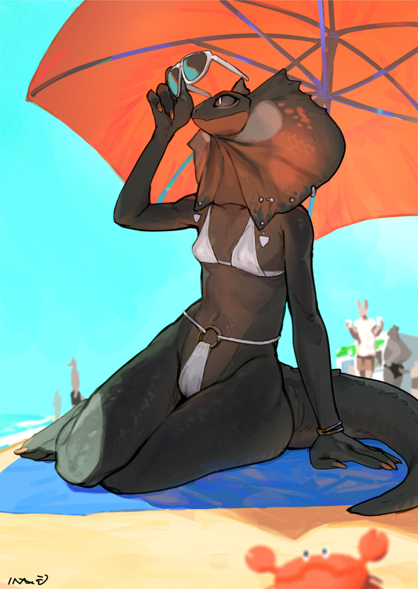 anthro beach bebebebebe bikini biped black_body breasts camel_toe clothing detailed_background female group hi_res lizard nipple_outline reptile scalie seaside swimwear